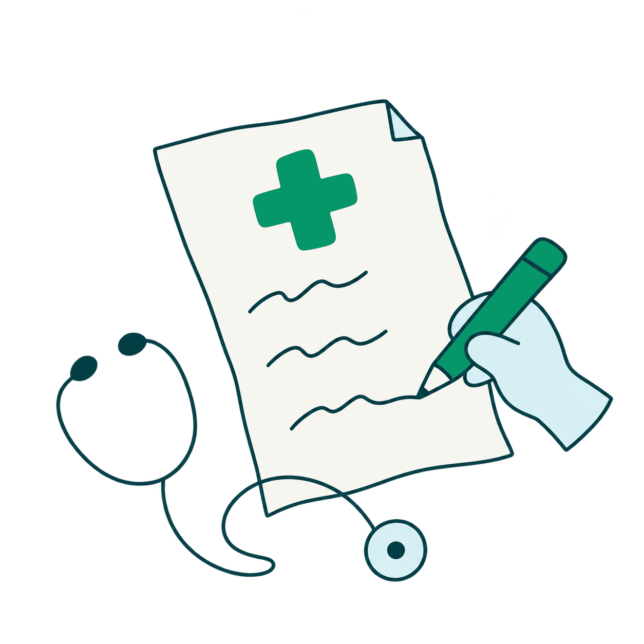 Desenho lúdico de uma receita médica, com mão segurando uma caneta verde esmeralda e um estetoscópio